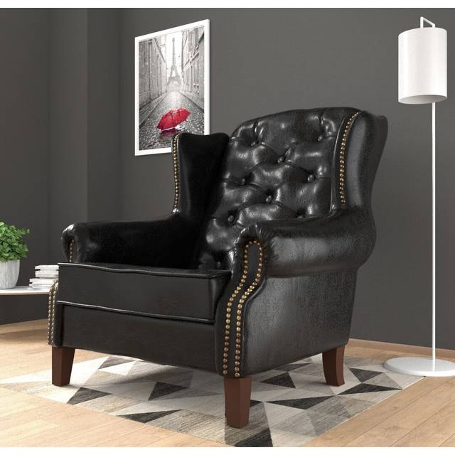 Chesterfield Wingback Armchair Pisa with Quilting And Wooden Legs Made of Vegan Leather - Black (102cm H X 102cm W X 93cm D)
