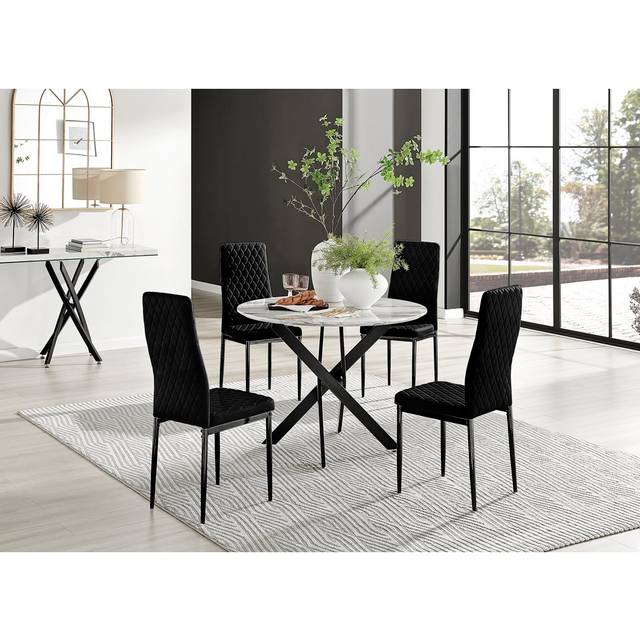 Tierra Modern Chrome Metal & Glass Round Dining Table Set with 4 Quilted Velvet Chairs - Black (4)
