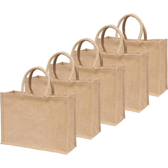 Jute Burlap Tote Bags with Handle | Natural Eco-friendly Reusable Grocery Bag | Totes for bridesmaids | By Yogi's Gift? (Pack of 5)