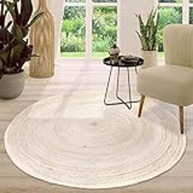 Jute Matta Sovrum Naturfibermatta Rund Boho Handgjord Ethno Bård Modernt, Färg:Vit, Storlek:120 cm Runda