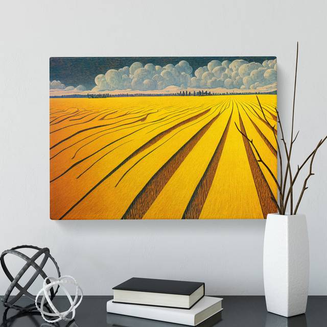 Tranquil Wheat Field - Wrapped Canvas Painting - Brown;Grey;Mustard (35cm H x 50cm W x 3cm D)