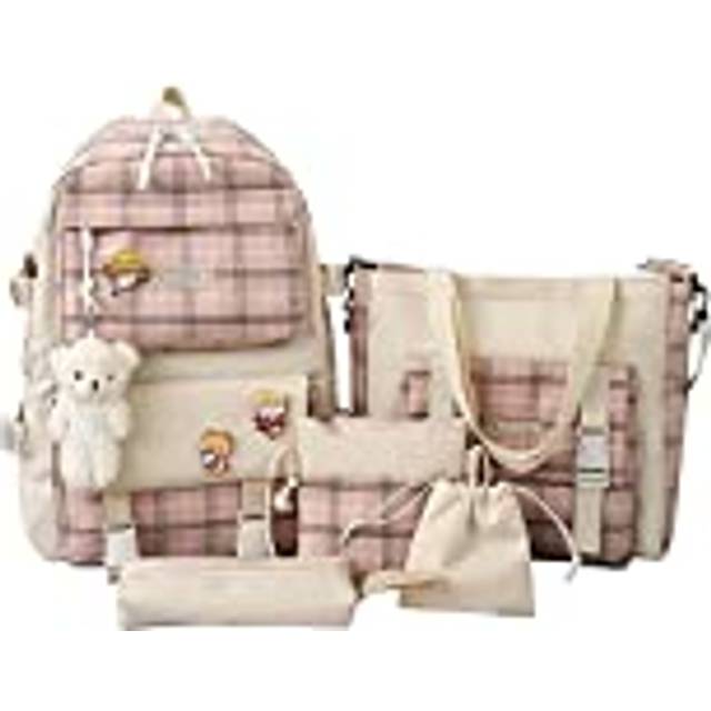 Skolryggsäckar i canvas, kombinationsset, kawaii-skolryggsäck för flickor, studenter, söt estetisk ryggsäck, liten tygväska, kawaii-accessoar, ryggsäck för skolan, 5 st, Rosa, 42CM*31CM*12CM