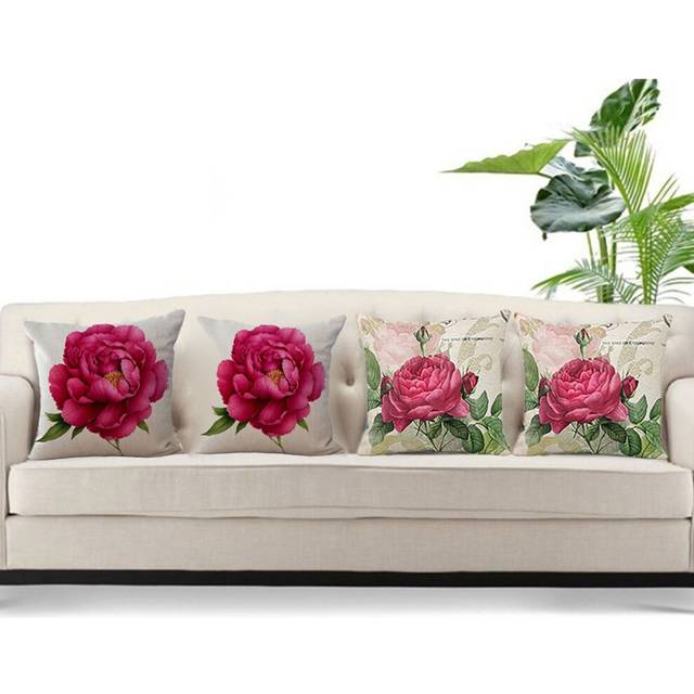 2 Pcs Vintage Floral/Flower Flax Decorative Throw Pillow Case Cushion Cover Home Sofa Decorative , A & B