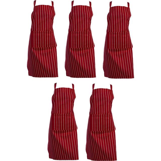 (Red, Pack of 5) Woven Stripe Cotton Butchers Kitchen Apron with Pocket
