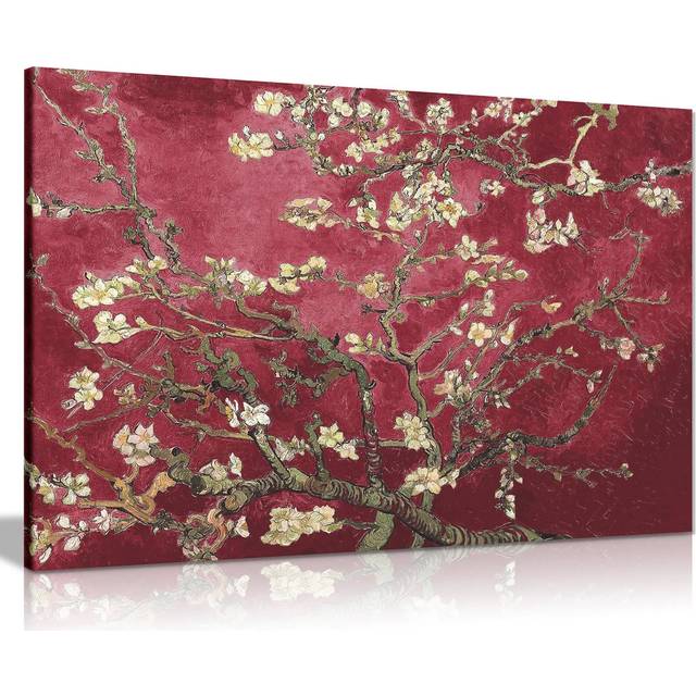 Maroon Van Gogh Blossoming Almond Tree - Wrapped Canvas Painting (31cm H x 46cm W)