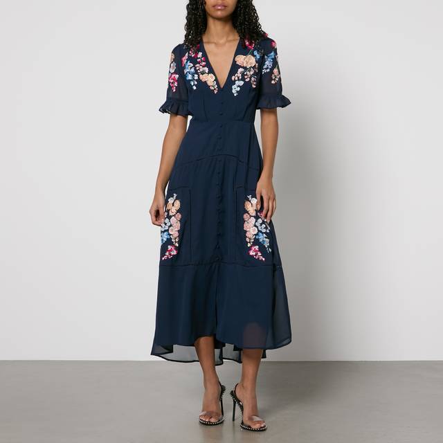 Hope & Ivy Clarice Embroidered Chiffon Maxi Dress - UK 6 - Blue