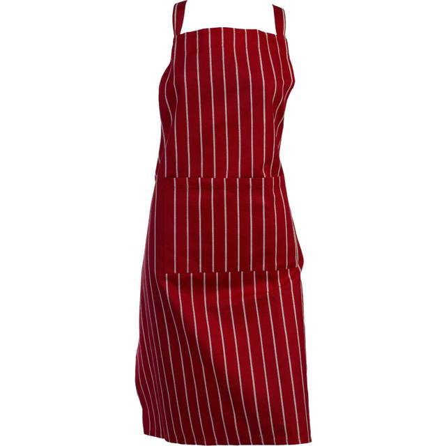 (Red, Single Apron) Woven Stripe Cotton Butchers Kitchen Apron with Pocket