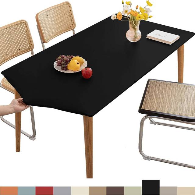 Leather Fitted Rectangular Tablecloth, Elastic Edge Tablecloth, Washable Tablecloth for Outdoor, Patio, Kitchen and Dining Room- Black||8FT 244x75CM