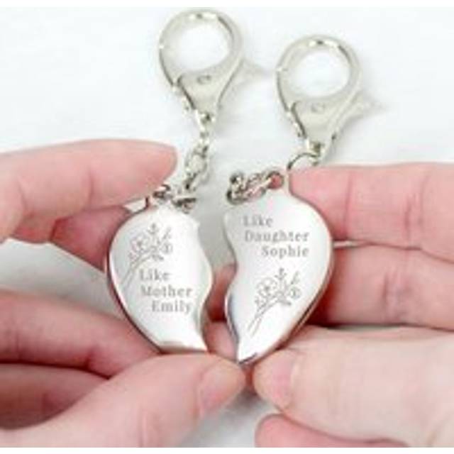 Personalised Memento 2 Piece Personalised Floral Mother Daughter Heart Keyring - Silver - 2 x 12 x 1cm