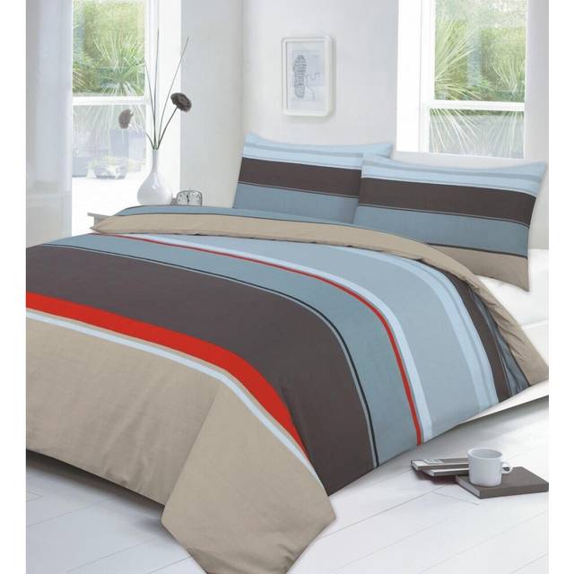 (King, Brown) Carter Striped Duvet Cover Set Bedding with Pillowcases