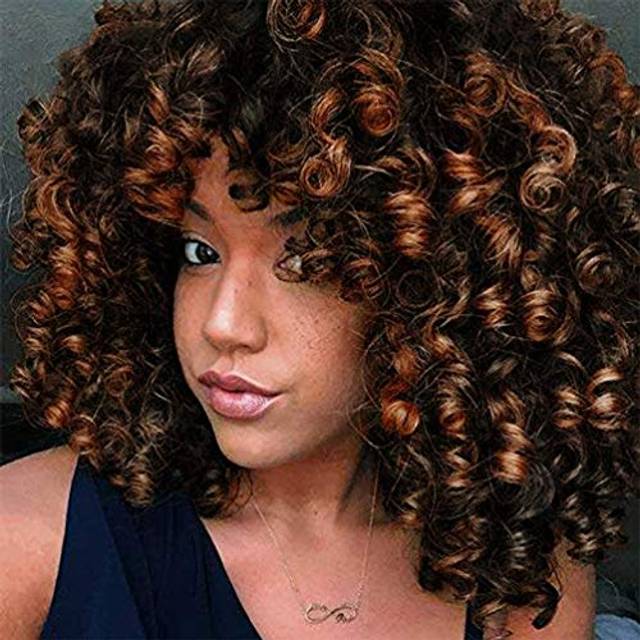rosmile Curly Wigs for Black Women  Ombre Brown Synthetic African American Full Kinky Curly Afro Hair Wig with Bangs