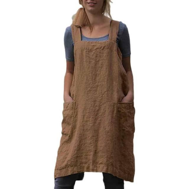 Cotton Linen Apron for women Cross Back Apron Pinafore Dress for Baking Cooking Gardening Work
