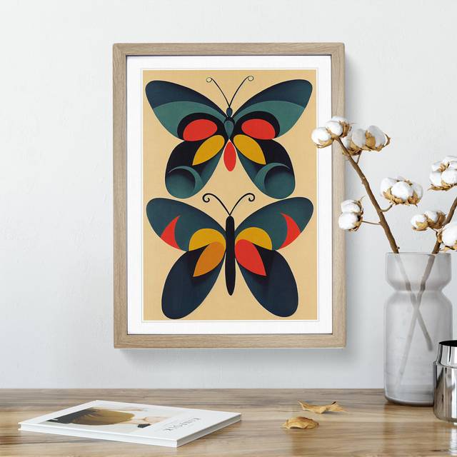 XC1022-3784X Retro Butterflies No.1 - Wrapped Canvas Graphic Art - Oak Framed (34cm H x 25cm W x 3cm D)