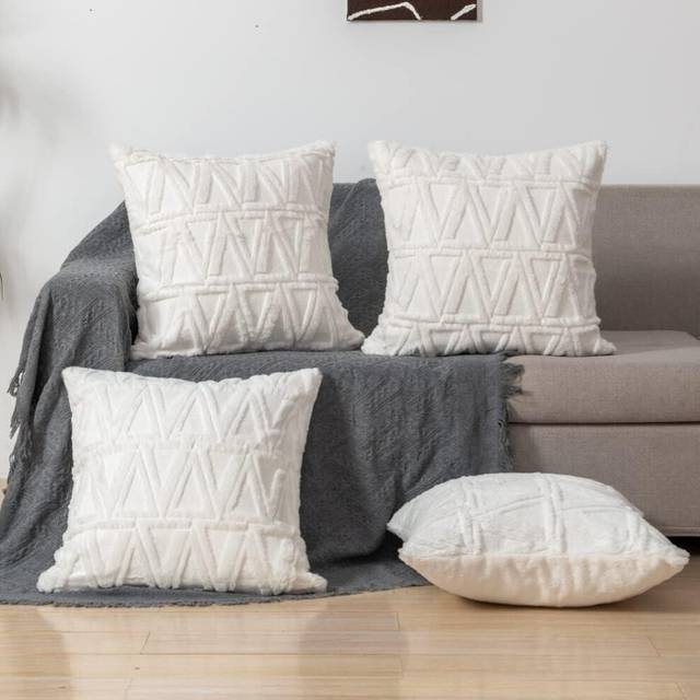 Decorative Throw Pillow Covers 18x18 Set of 4 for Sofa Couch Bed, Soft Faux Short Wool Velvet Boho Cushion Covers for Living Room Decor, White