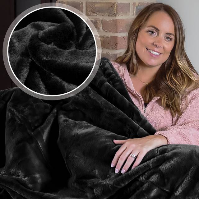 Luxury Faux Fur Polyester Throw Over Blanket 160x130cm - Black - One Size