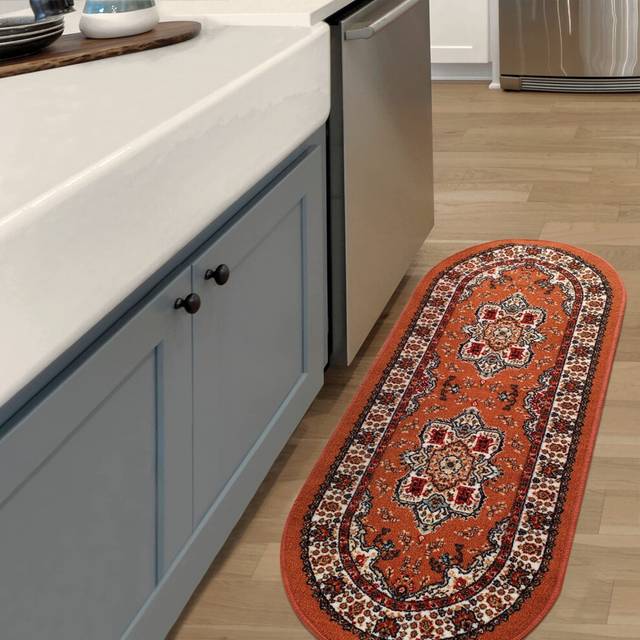 Antep Rugs Alfombras Oriental Traditional 2x5 Non-Skid Non-Slip Low Profile Pile Rubber Backing Kitchen Area Rugs Rust Brown  2 x 5 Oval