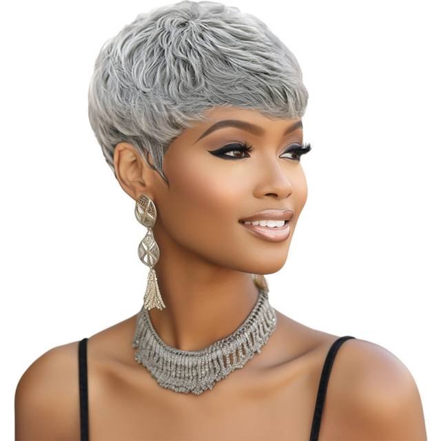 Short Gray Pixie Cut Wigs for Black Women Curly Style with Bangs and Natural Short Curly Wigs for Black Women Synthetic Wig Heat Resistant (Gray Pixie