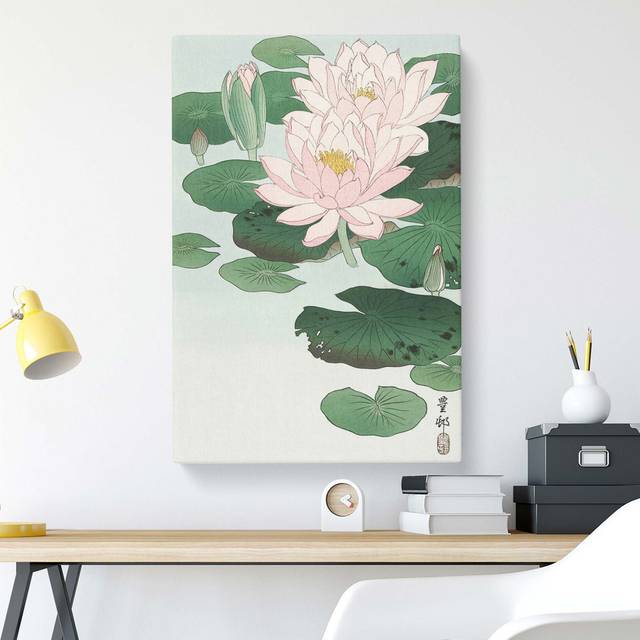 &#39;Pink Water Lilies&#39; by Ohara Koson - Wrapped Canvas Painting Print - Green (76.2 cm H x 50.8 cm W)