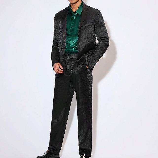 Manfinity Men&#39;s Floral Jacquard Suit, Jacket And Pants Set For Festive Occasions Like Weddings And Parties