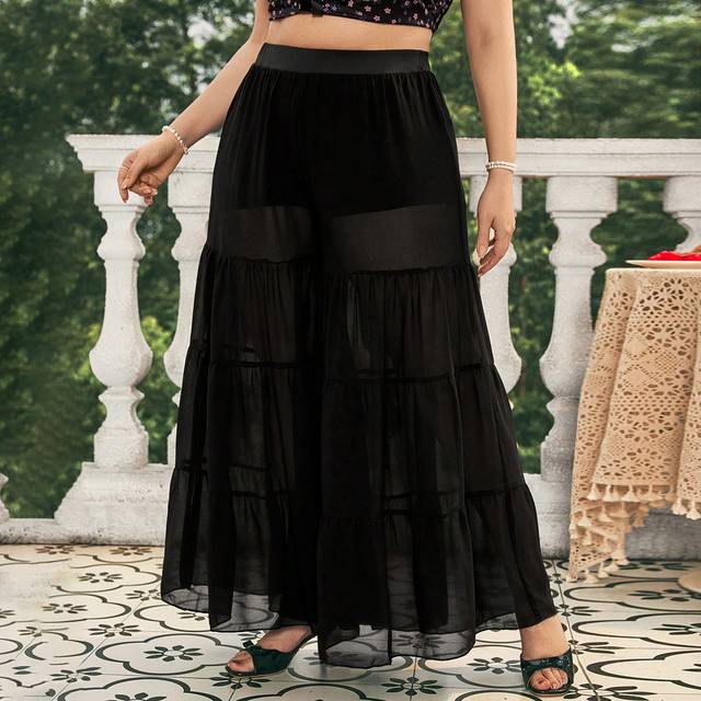 Dreamara Plus Size Women&#39;s Chiffon Layered Pleated Wide Leg Pants