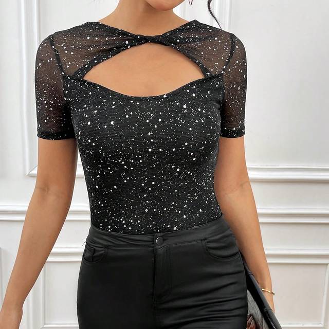 SHEIN Women&#39;s Elegant Commuting Daily Knitted Fine Glitter Black Hollow Short Sleeve Summer T-Shirt