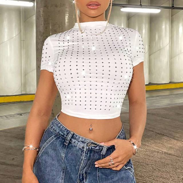SHEIN Round Neck Rhinestone Embellished Slim Fit Short T-Shirt For Country Music Festival