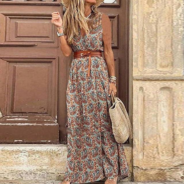 SHEIN V-Neck Sleeveless Paisley Print Dress Maxi Women Outfit