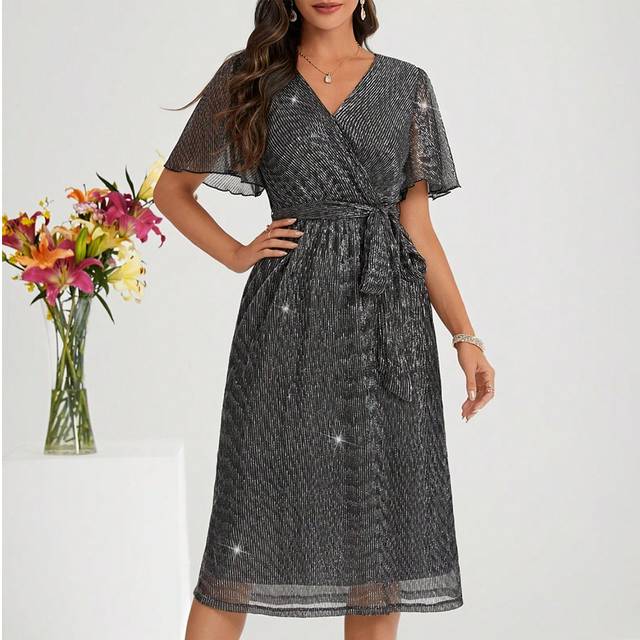 SHEIN Women&#39;s Glitter Ruffle Sleeve Bodycon Eid  Bridal Shower  Summer Wedding Party Dress
