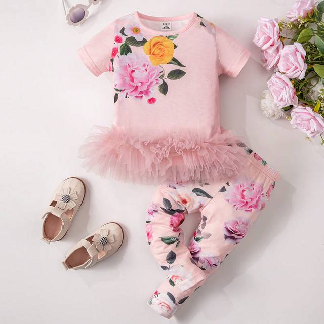 SHEIN Baby Girl Floral Printed Mesh Contrast Top And Pants Set