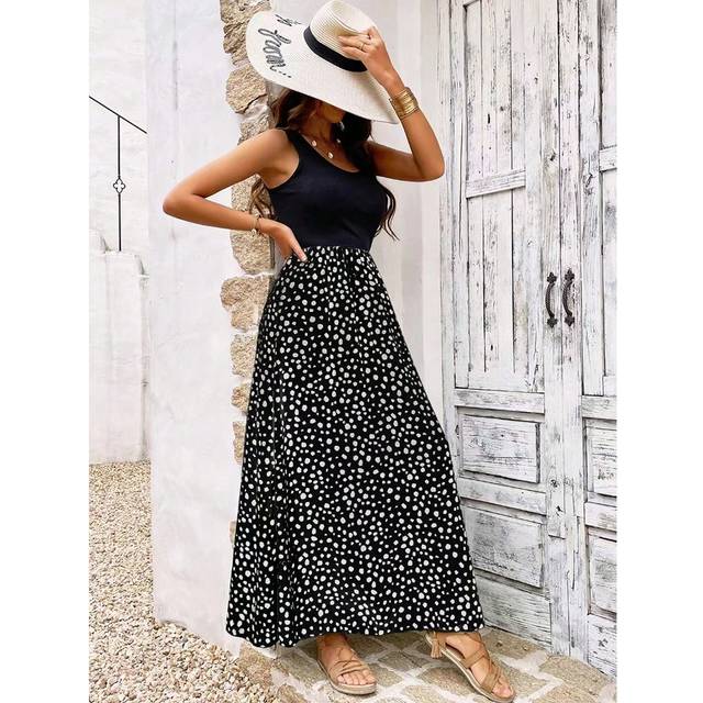 Ärmlös Polka Dot Splicing Printed Dress Maxi Vacation Beach Outfits Women - Svart (L,M,S,XL,XS)