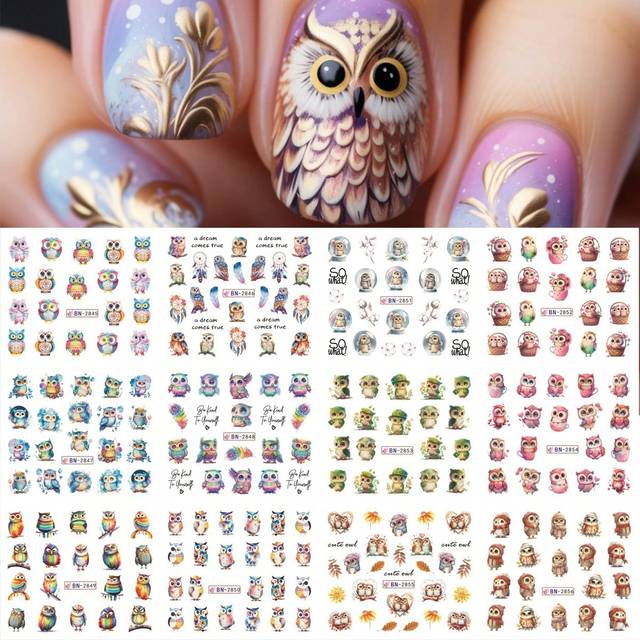 SHEIN 12 Design Nail Art Stickers Owl Dream Catcher Feather Rainbow Cute Pattern Nail Sliders Water Transfer Nail Art Decals Summer Spring Manicure Decorati