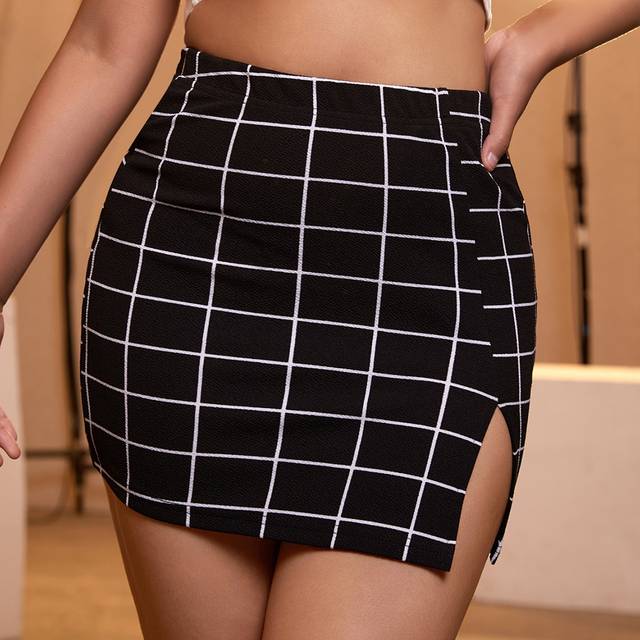 SHEIN Grid Plaid Split Side Bodycon Skirt