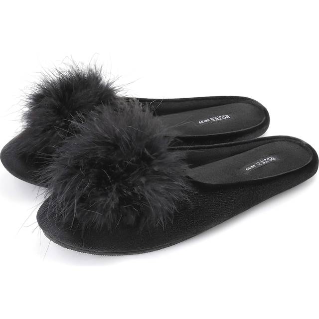 BCTEX COLL Women's Cozy Velvet Memory Foam House Slipper Ladies Fuzzy Bedroom Slipper Non-slip Sole Black 9-10
