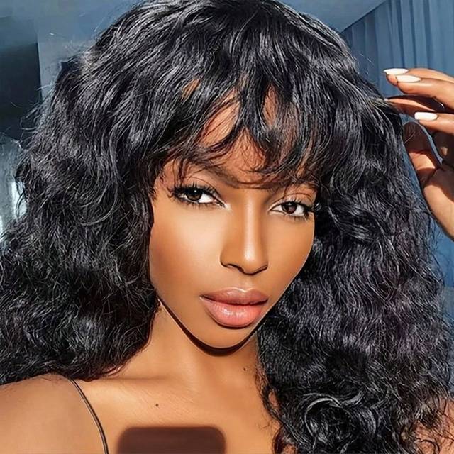 9AM Hair Bob Wigs Water Wave Short Bob Human Hair Wigs With Bangs Real Affordable Hair Replacement Wig Cheap Wig For Beginner Friendly Wear To Go Wig Natural B