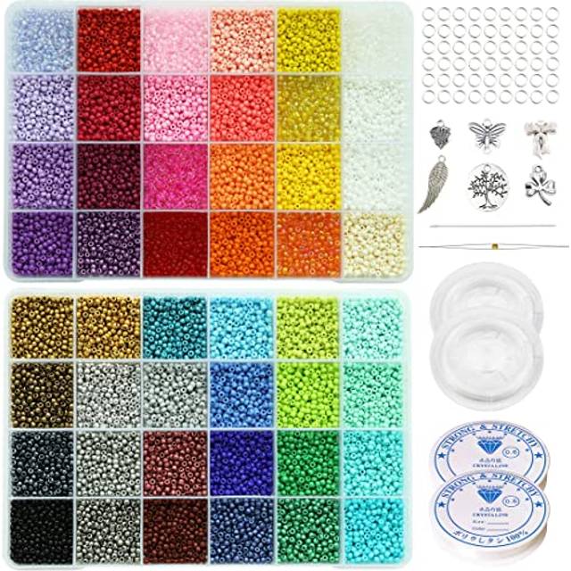 Bala&Fillic Size 3mm 8/0 Glass Seed Beads  48 Colors in Box About 16800pcs Seed Beads with Elastic Clear String and Beading Needles(48 Colors  3mm)