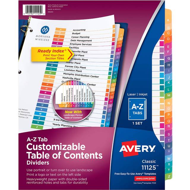 Avery A-Z Tab Dividers for 3 Ring Binders  Customizable Table of Contents  Multicolor Tabs  1 Set (11125)