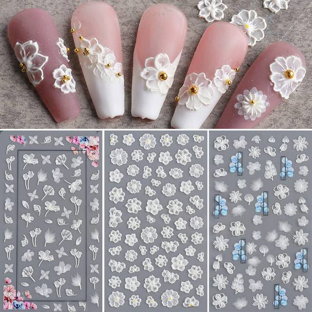 Flower Nail Art Sticker Decals 5D Hollow Exquisite Pattern Nail Art Supplies Self-adhesive Luxurious Nail Art Decoration White Feather Lace Flower Lea