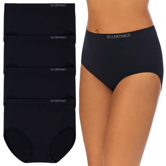 ELLEN TRACY Womens Seamless Underwear - No-Show Full-Coverage - Stretchy Full Brief Panties for Everyday Wear - 4-Pack - Black - Small