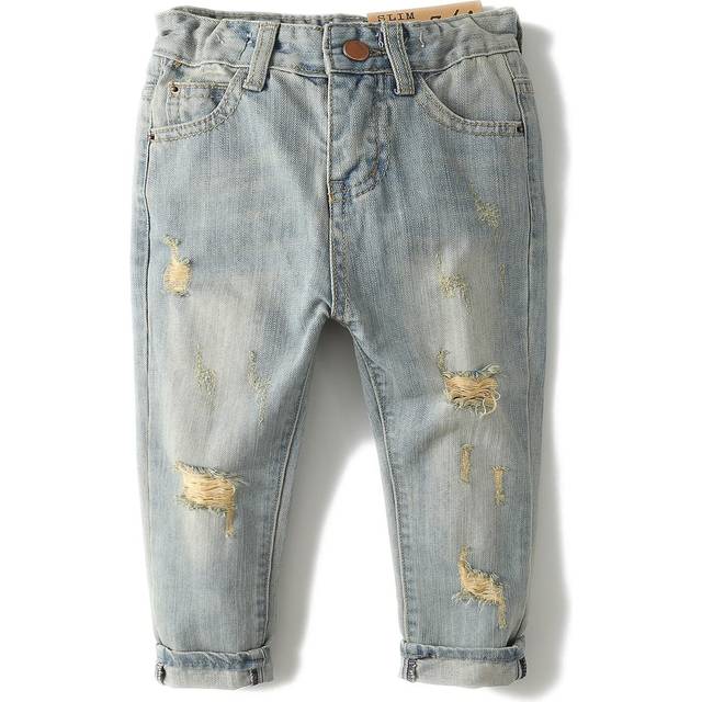 KIDSCOOL SPACE Baby Girl Boy Jean D Ring Elastic Band Inside Ripped Denim Pants Light Blue 12-18 Months