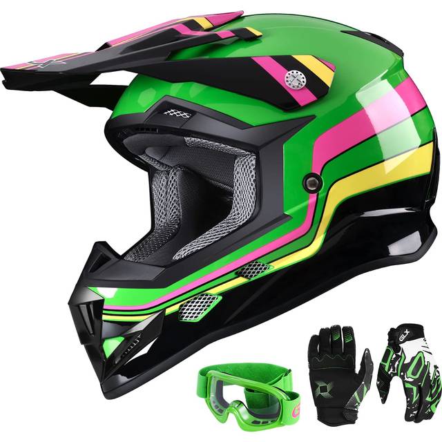 gLX gX623 DOT Kids Youth ATV Off-Road Dirt Bike Motocross Motorcycle Full Face Helmet combo gloves goggles for Boys & girls (Retro green, X-Large)