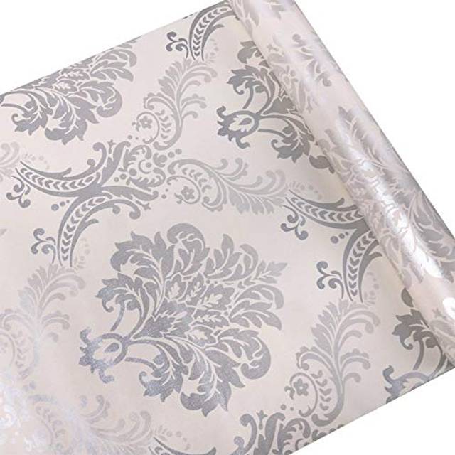 Silver Damask Peel and Stick Wallpaper Easily Removable Printed Stick Wall Paper Decorative Self Adhesive Shelf Drawer Liner Roll - (0.45 x 3 m,