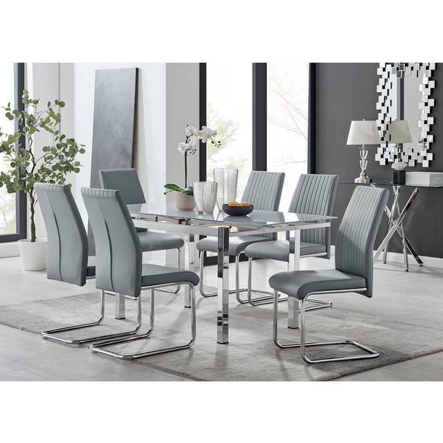Tierra Modern Glass & Metal Extendable Dining Table Set & 6 Luxury Faux Leather Dining Chairs - Grey (6)