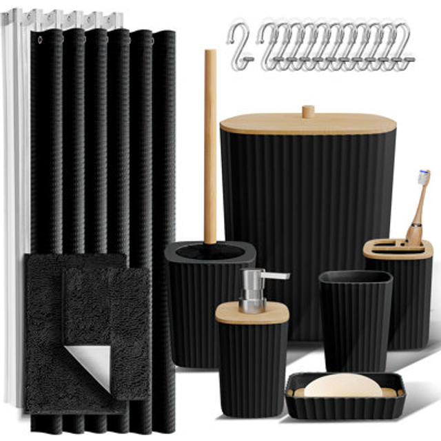 Clara Clark Bathroom Accessories Set  22PC Bathroom Set  Bathroom Sets with Shower Curtain and Rugs  Black Shower Curtain Set w