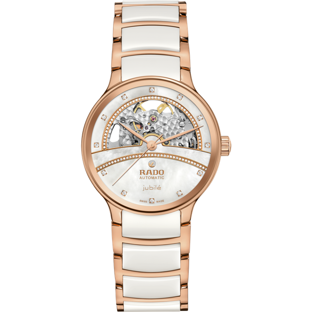 Rado Centrix Automatic Diamond Open Heart Half Skeleton White Watch R30029932 - Two Tone