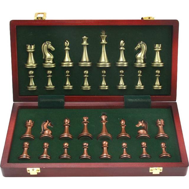 Large Metal Deluxe Chess Retro Copper Plated Alloy Chess Adult Set Board Game Portable Wooden Box Storage Folding  2 Players Chess Set
