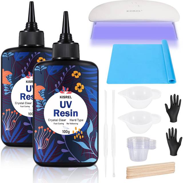 KISREL UV Resin Kit with Light - 200g Upgraded Hard Type Crystal Clear UV Resin Kit  23 Lamp Beads UV Light  UV Resin with Light for Craft Jewelry Mak