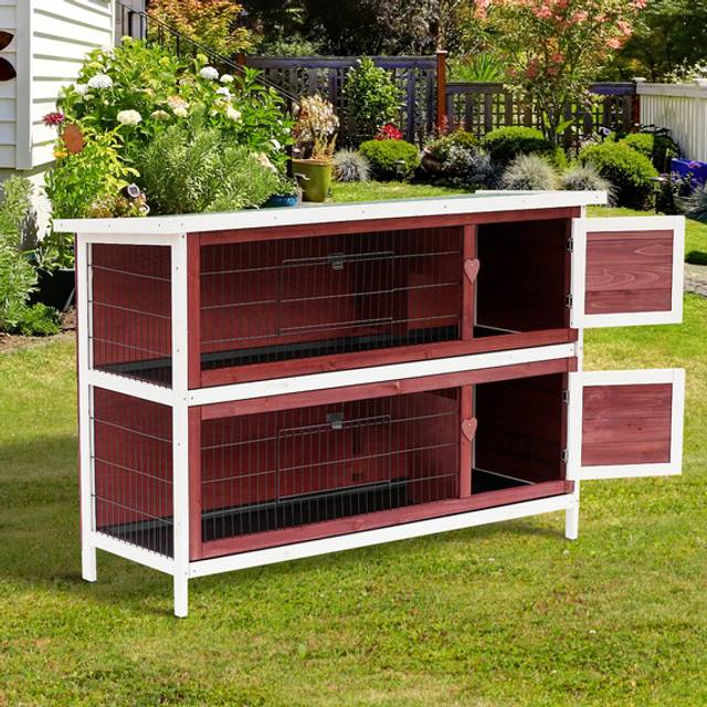 PawHut Two-Tier Elevated Wooden Pet Hutch - Brown