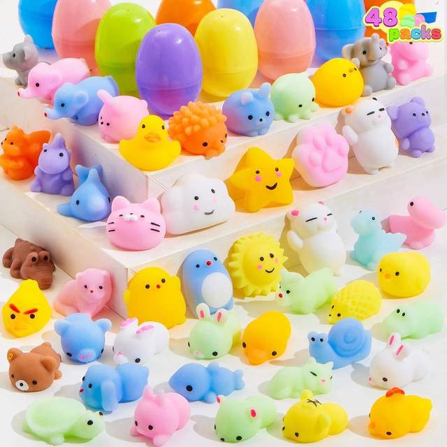 JOYIN 48 Pcs Easter Prefilled Eggs with Mochi Squishy Toys  Animal Stress Reliever Squishy Toy for Easter Egg Hunt  Kids Party Favor  Basket Stuf