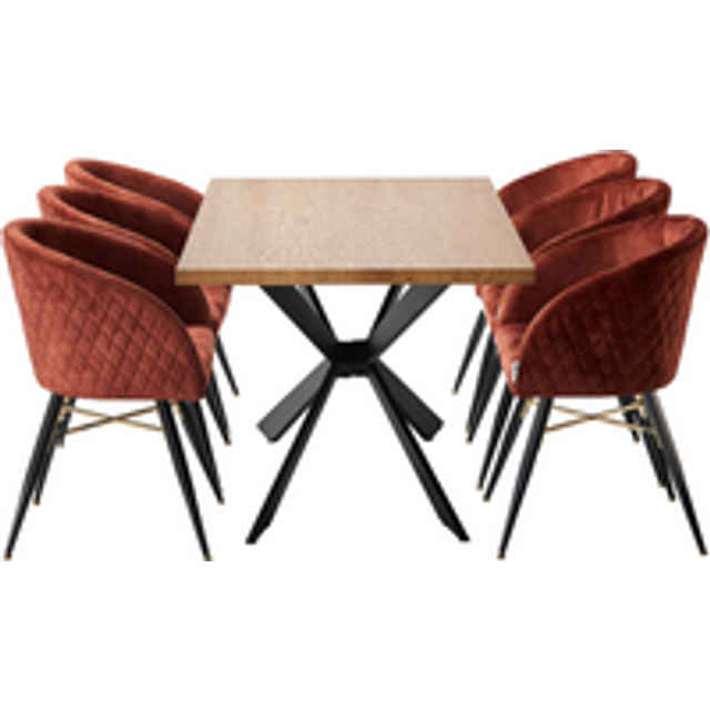 Life Interiors - Duke lux Vittorio Dining Set - an Oak Wooden Dining Table and Set of 6 Red Velvet Dining Chairs - Dining Room Kitchen