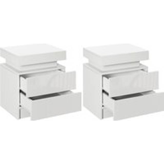 Homcom White Bedside Table With Led Light, High Gloss Front Nightstand With 2 Drawers